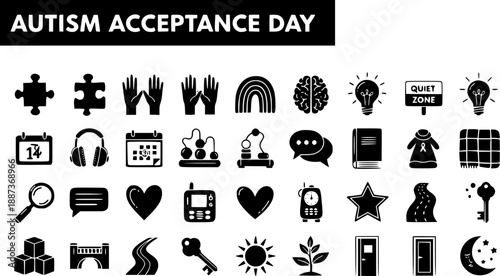 Autism Acceptance Day Glyph Icons Set. Collection of flat black symbols for special needs awareness, neurodiversity education, and social support. Puzzle pieces, sensory, communication elements.