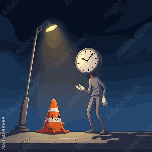 Clock Head Man Examining Cone Under Street Light