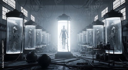Futuristic Laboratory with Human Clones in Cryogenic Liquid Storage Tanks 