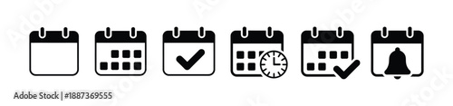 Calendar Reminder and Notification Icons in Black Style for Scheduling, Planning, and Digital Interfaces
