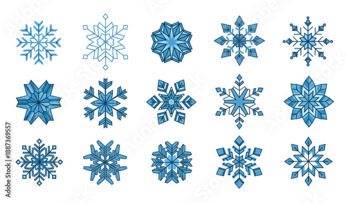 Flat winter snowflake crystal icon vector set isolated on transparent background