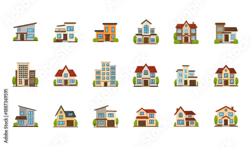 Modern residential house building flat vector icon set isolated on transparent background