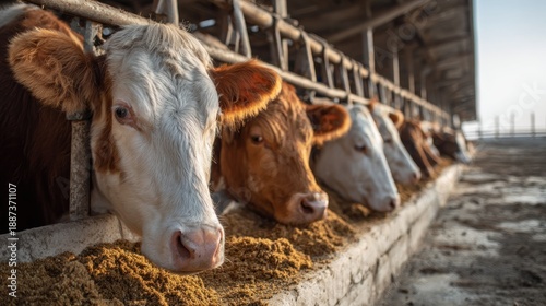 A row of cows eating from a trough in a barn.