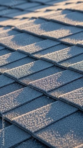 Frost Covered Roof Shingles Bathed In Golden Hour Sunlight