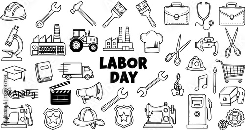 Labor Day Professions  Tools Hand-Drawn Doodle Set. Black and White Line Art Icons for Diverse Careers, Occupations, and Work-Related Objects.