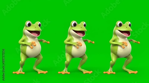 Three cheerful cartoon frogs dancing in unison against a vibrant green background, embodying joy and playful movement