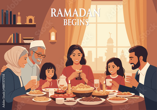 Warm illustration of a multigenerational family enjoying a meal together during Ramadan, conveying a sense of togetherness and cultural tradition. Ide