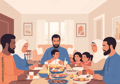 A warm illustration of a family gathered around a table sharing a meal. Perfect for depicting togetherness, family life, and home-cooked meals, evokin