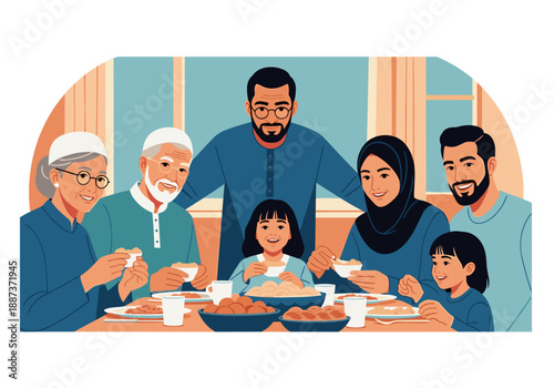 A warm illustration of a multigenerational family sharing a meal. Perfect for representing togetherness, family values, and generational connections i