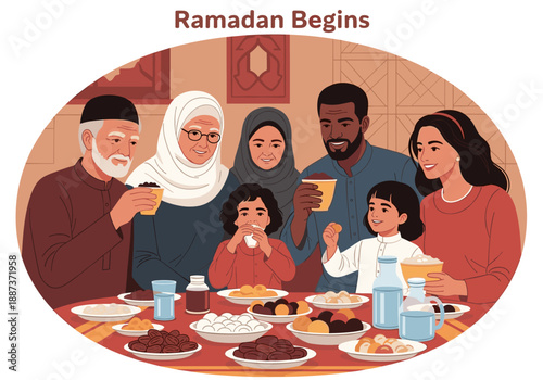 A heartwarming illustration depicting a family sharing a meal. Evokes feelings of togetherness and cultural tradition, ideal for content about family 