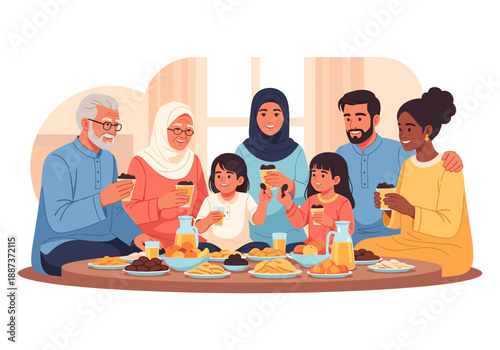 A heartwarming illustration of a multigenerational family enjoying a meal together. Ideal for depicting family, togetherness, and cultural traditions 