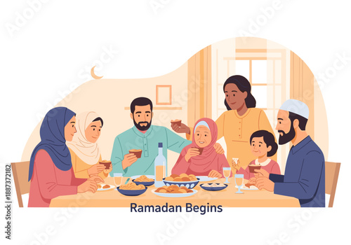 A warm illustration of a family sharing a meal during Ramadan. Ideal for blog posts, social media campaigns, or articles related to family, faith, and