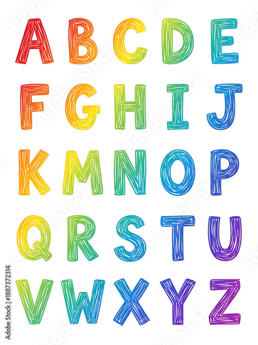 Rainbow Scribbled English Alphabet AZ for Learning and Design.