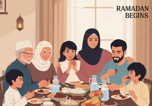A heartwarming illustration of a multi-generational family sharing a meal.  Perfect for concepts of togetherness, family values, and cultural connecti