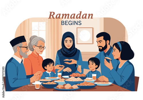 A heartwarming illustration depicting a multi-generational family sharing a meal. Ideal for concepts of family, tradition, and connection in advertisi