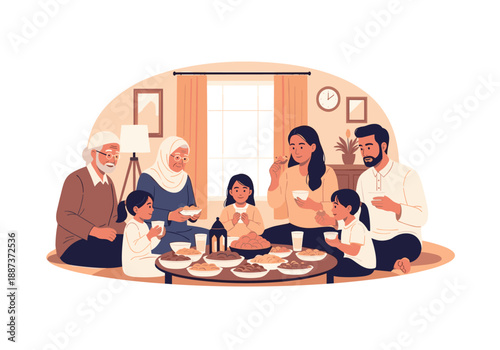 A warm illustration depicting a multi-generational family enjoying a meal, evoking feelings of togetherness, love, and connection. Ideal for concepts 