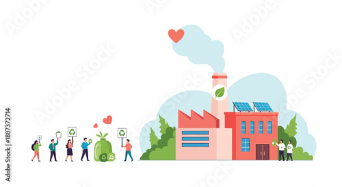 Eco friendly factory with people promoting sustainable practices and environmental awareness