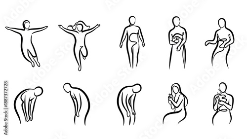 Set of various human figures in different poses and emotional states, line art.