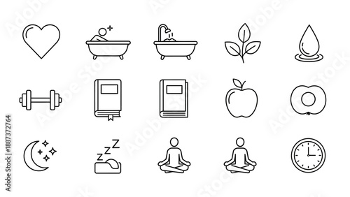 Wellness and Self-Care Doodle Icons Set for Healthy Lifestyle.