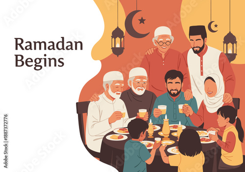 A warm illustration depicting a senior man and text announcing the start of Ramadan. Perfect for seasonal greetings, religious observances, and cultur