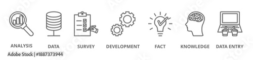 Research banner icon with analysis, data, survey, development, fact, knowledge, data entry