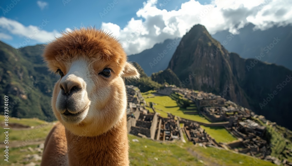 Obraz premium Llama on a mountain in Machu Picchu, Peru