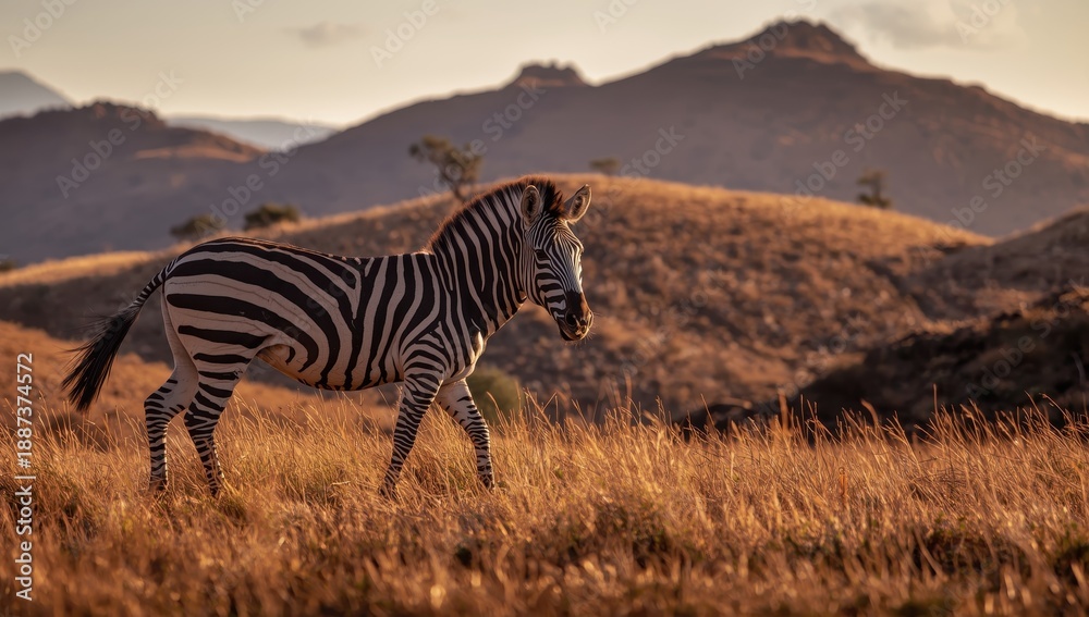 Obraz premium Lone zebra exploring South African mountains during sunset on a Big Five safari