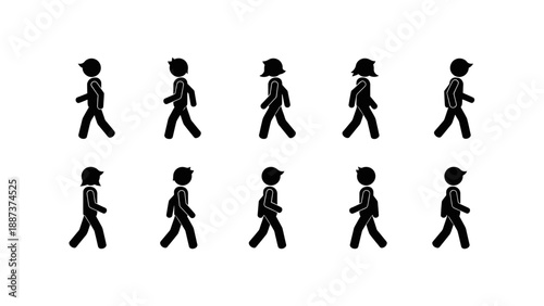 Human figure silhouettes walking in various postures and hats, viewed from the side in a grid arrangement