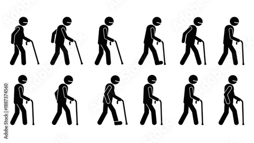 Sequential illustration of human figure walking with cane in various postures