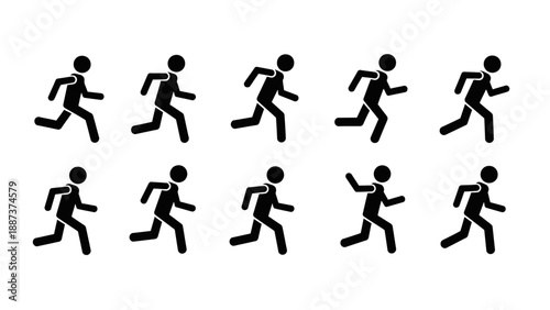 Multiple human figure silhouettes running in various dynamic poses against a plain background