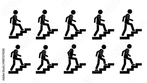 Human figure climbing stairs in various poses and viewpoints, illustrating movement and action in a simple graphic illustration
