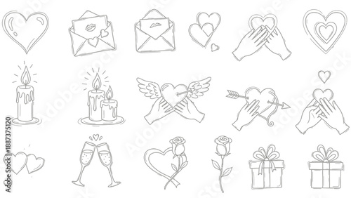 Collection of Hand Drawn Valentines Day and Love Symbols.
