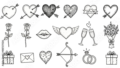 Collection of Hand Drawn Romantic Symbols and Icons for Valentines Day.