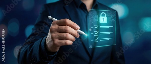 Securing Data: An individual in formal attire interacts with a virtual interface, symbolizing digital security and data protection with focus on encryption and privacy.