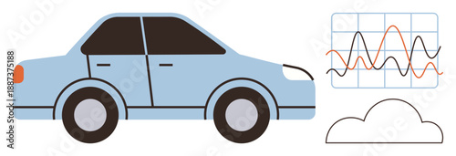 Transportation, data analytics, cloud computing, smart cars, technology, innovation. Blue car beside data graph and cloud icon. Transportation and data analytics concept