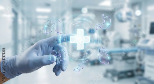 Touch of Healthcare: A gloved hand interacts with a holographic medical cross, symbolizing innovation and patient care within a modern hospital setting.