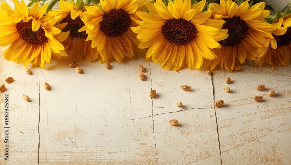 Naklejka premium Lovely sunflowers and seeds on a textured white backdrop