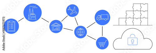 Supply chain management. Supply chain connecting logistics, warehousing, and global shipping for seamless data integration. Supply chain ensuring security and operational efficiency in digital