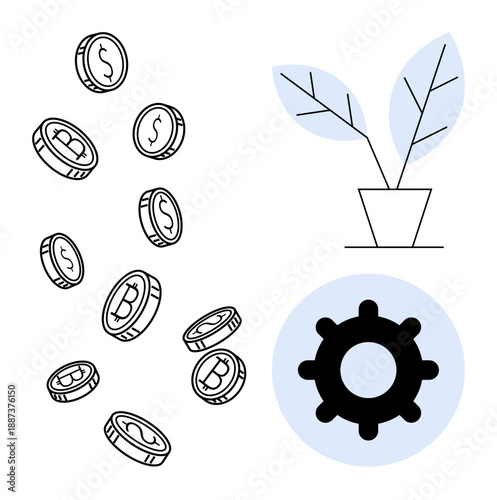 Financial growth concept. Coin symbols for wealth, a growing plant for sustainability, and a gear reflecting industry and productivity. Financial planning, innovation, eco-friendly initiatives