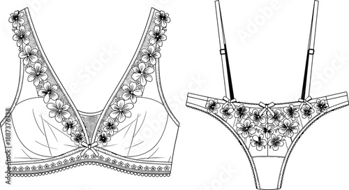 Floral lingerie set bra and thong technical line art fashion design cad drawing flat vector illustration for women underwear collection