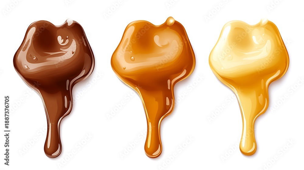 Obraz premium Chocolate, Caramel, and Honey Syrup Drips Isolated on White Background CloseUp Shot