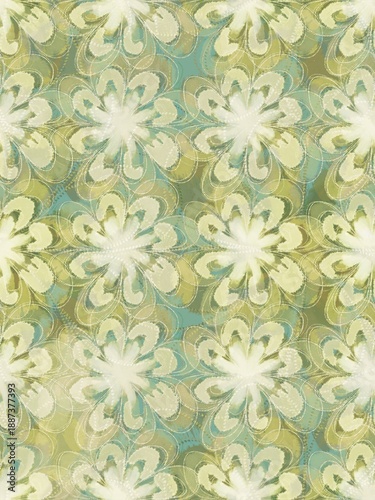 Textured floral wallpaper background with bright colors and stitched elements