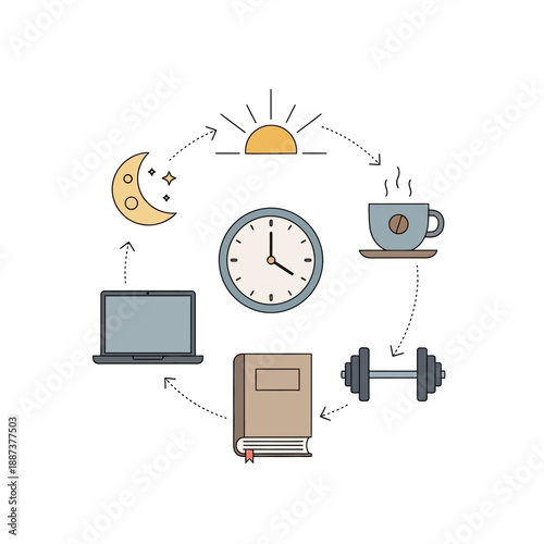 Daily Routine Illustration Featuring Time Management, Work, Exercise, Coffee, and Relaxation in a Circular Motion