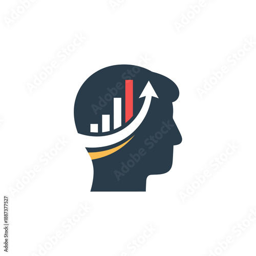 Human head profile with graphical representation of growth and progress displayed in an upward trending chart inside the mind
