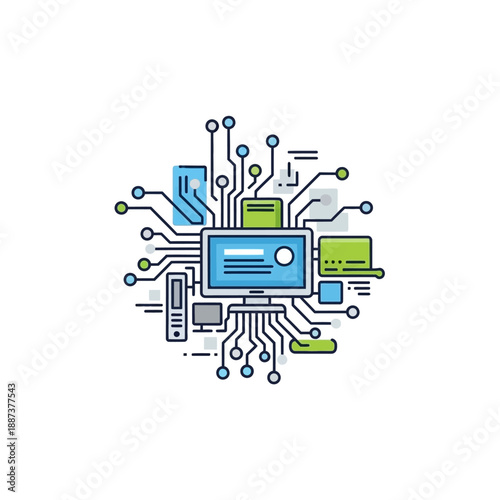 Digital Circuit Board with Microchip Components and Wires in a Futuristic Illustration