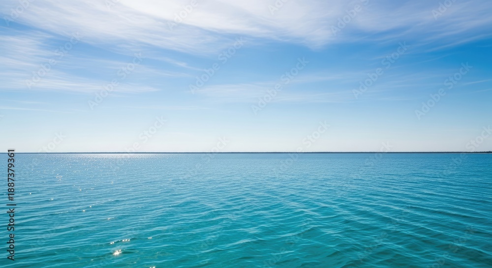 Obraz premium A serene blue ocean with gentle waves and a clear blue sky with a few scattered clouds.