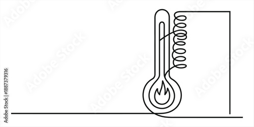 Continuous line drawing of a thermometer being heated by a flame with an attached electrical coil