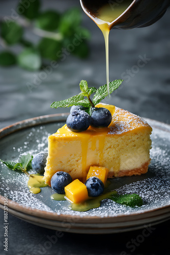 Cheesecake Slice with Mango Sauce Blueberries and Mint Elegant Dessert Presentation
