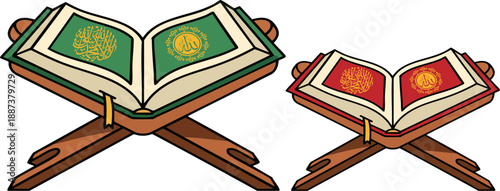 WebTwo detailed illustrations of religious holy books, likely the Quran, resting open upon traditional wooden reading stands called rehal displays.