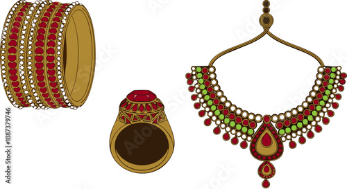 WebTraditional Indian gold bangles a prominent ruby gemstone ring and an elaborate ornate necklace featuring red green and white jewels represent bridal jewelry.